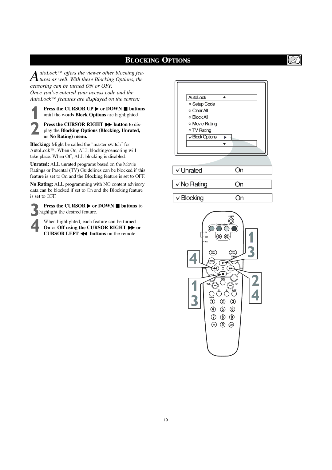 Philips 30PW8420 Blocking Options, Censoring can be turned on or OFF, When highlighted, each feature can be turned 