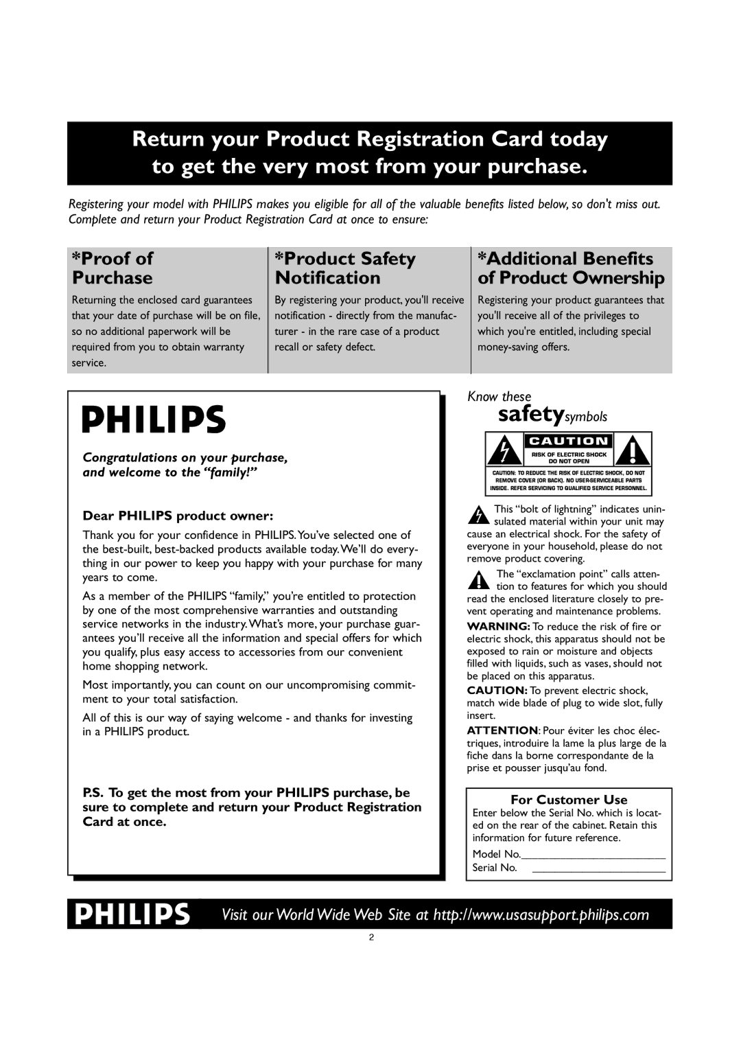 Philips 30PW8420 user manual Dear Philips product owner 