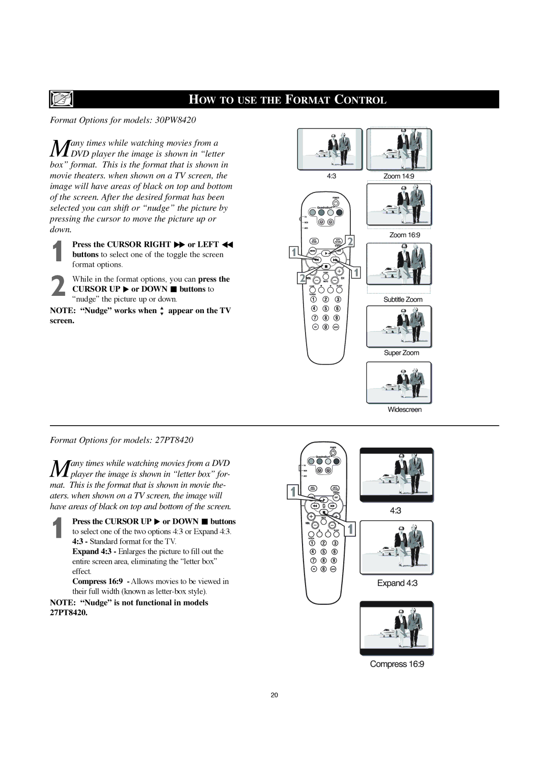 Philips 30PW8420 user manual HOW to USE the Format Control, Format Options for models 27PT8420 