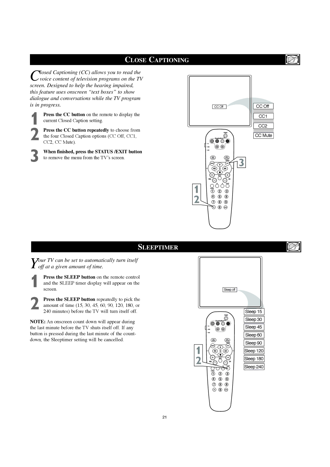 Philips 30PW8420 user manual Close Captioning, Sleeptimer 