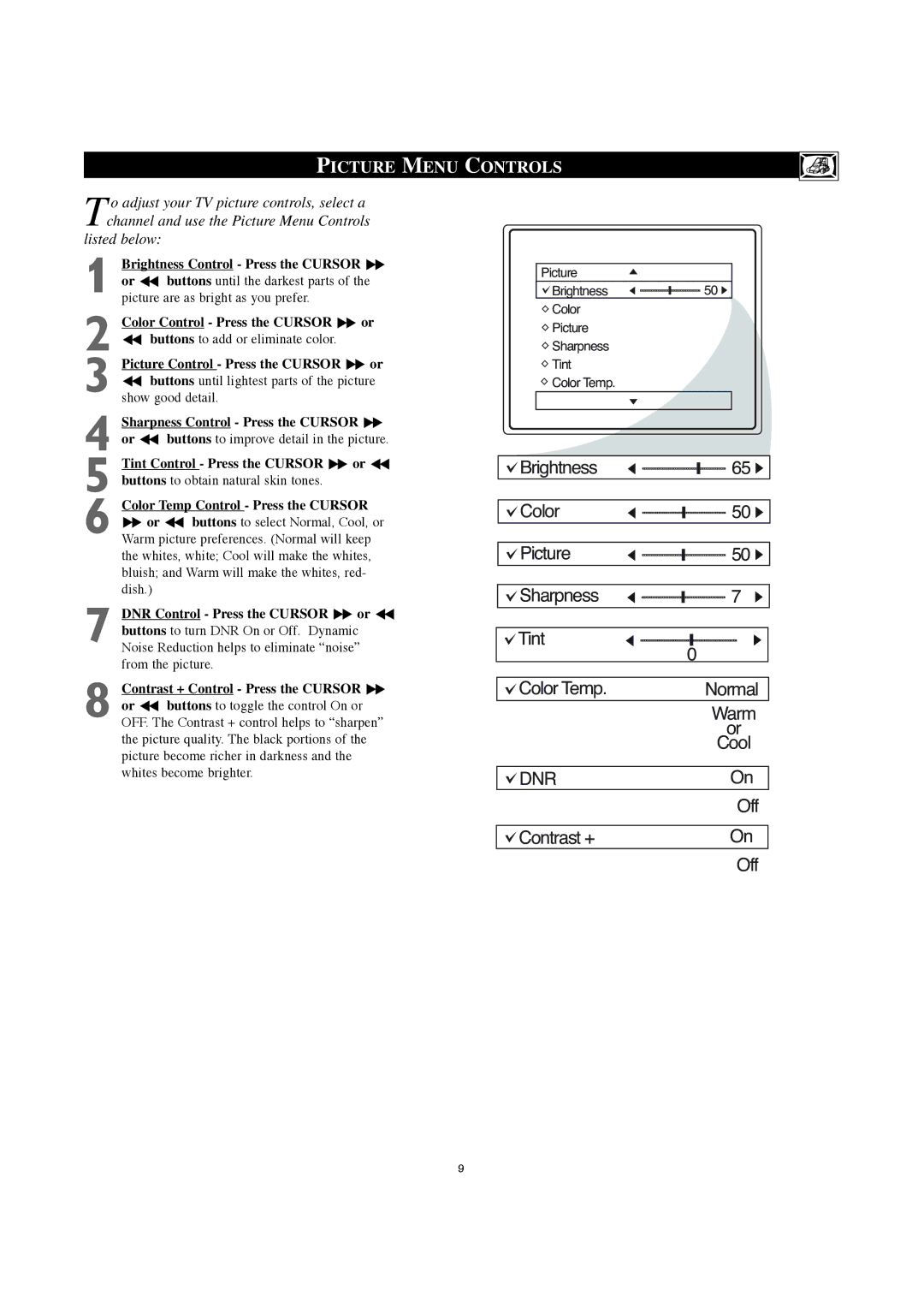 Philips 30PW8420 user manual Picture Menu Controls, Listed below 