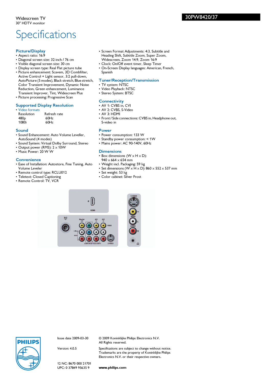 Philips 30PW8420/37 manual Specifications 