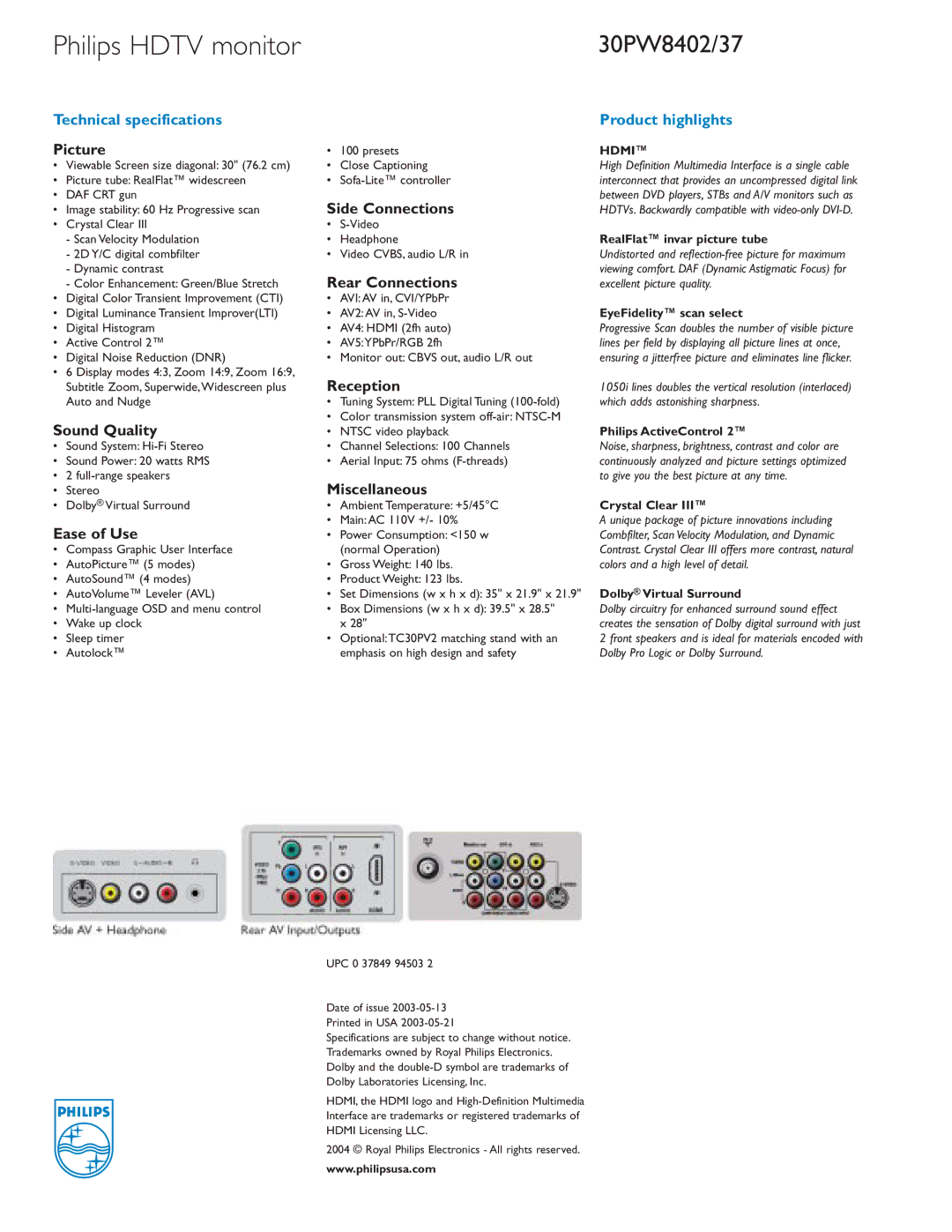 Philips 30PW8437 manual Picture, Sound Quality, Ease of Use, Side Connections, Rear Connections, Reception, Miscellaneous 