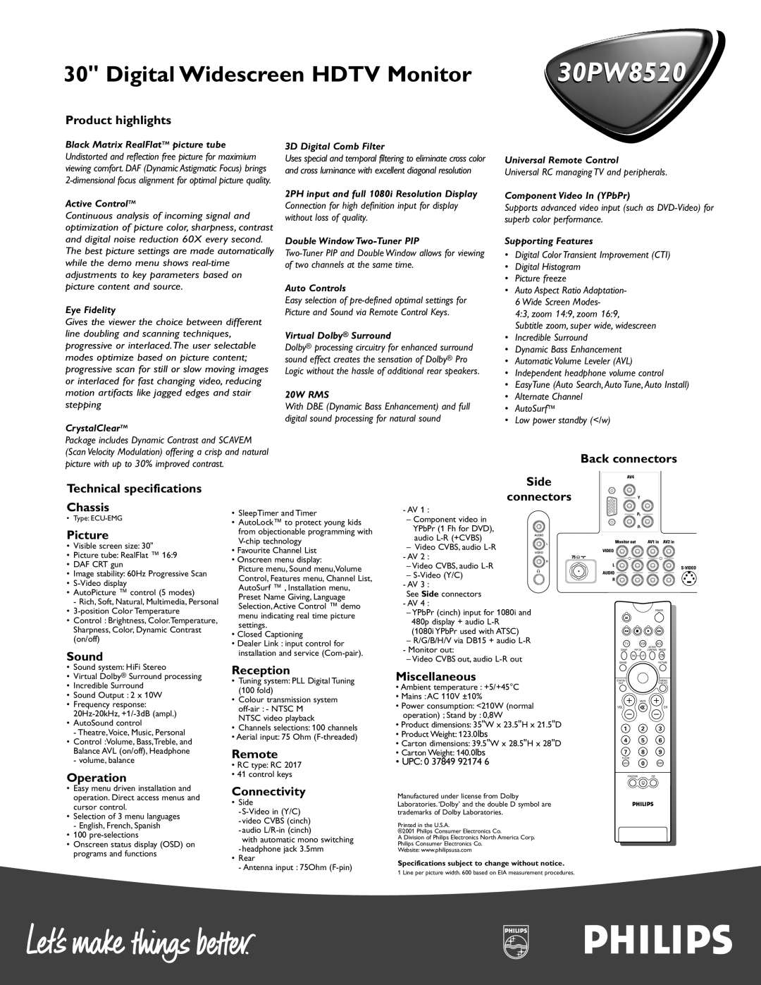 Philips 30PW8520 Product highlights, Back connectors Technical specifications Chassis, Picture, Sound, Operation, Remote 