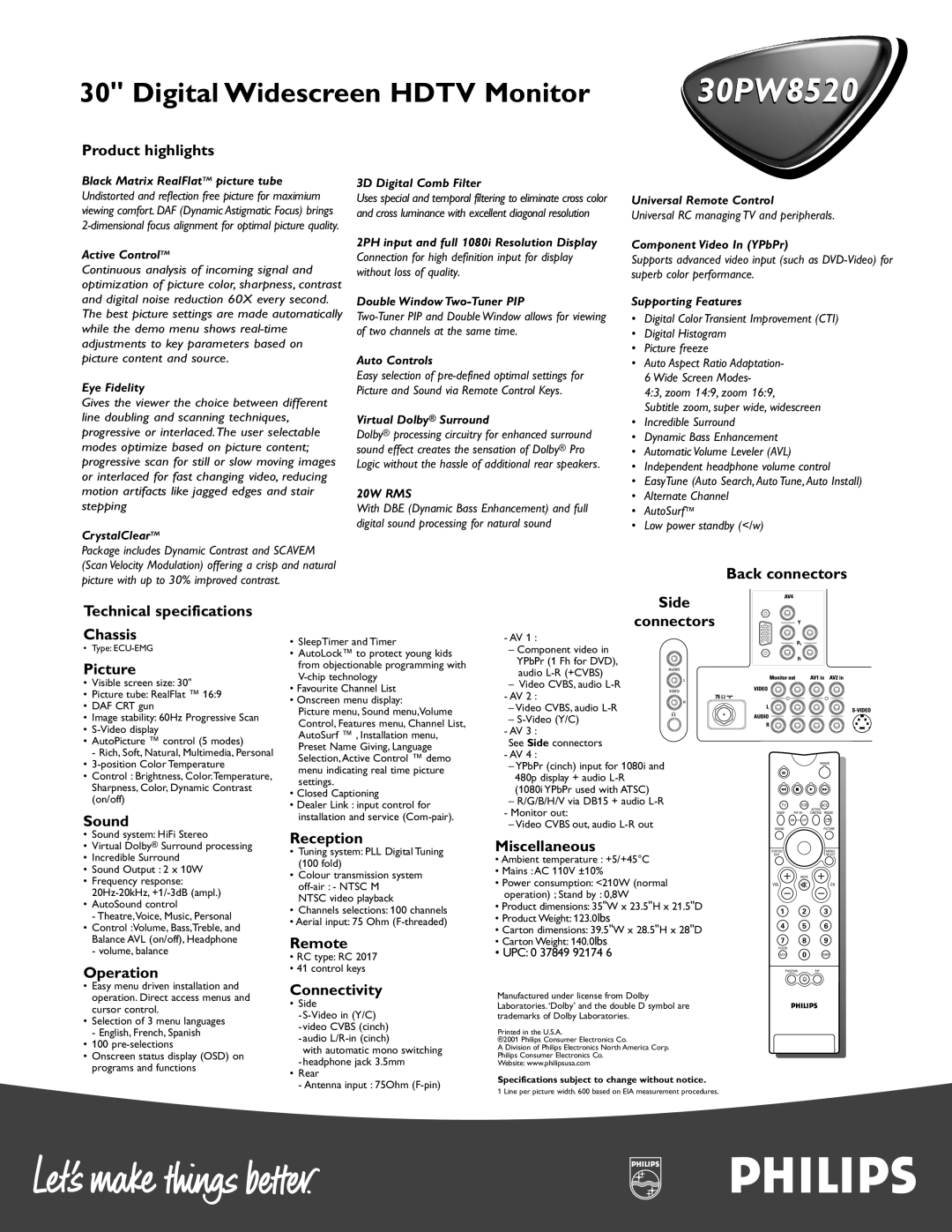 Philips 30PW8520 manual Digital Widescreen HDTV Monitor 