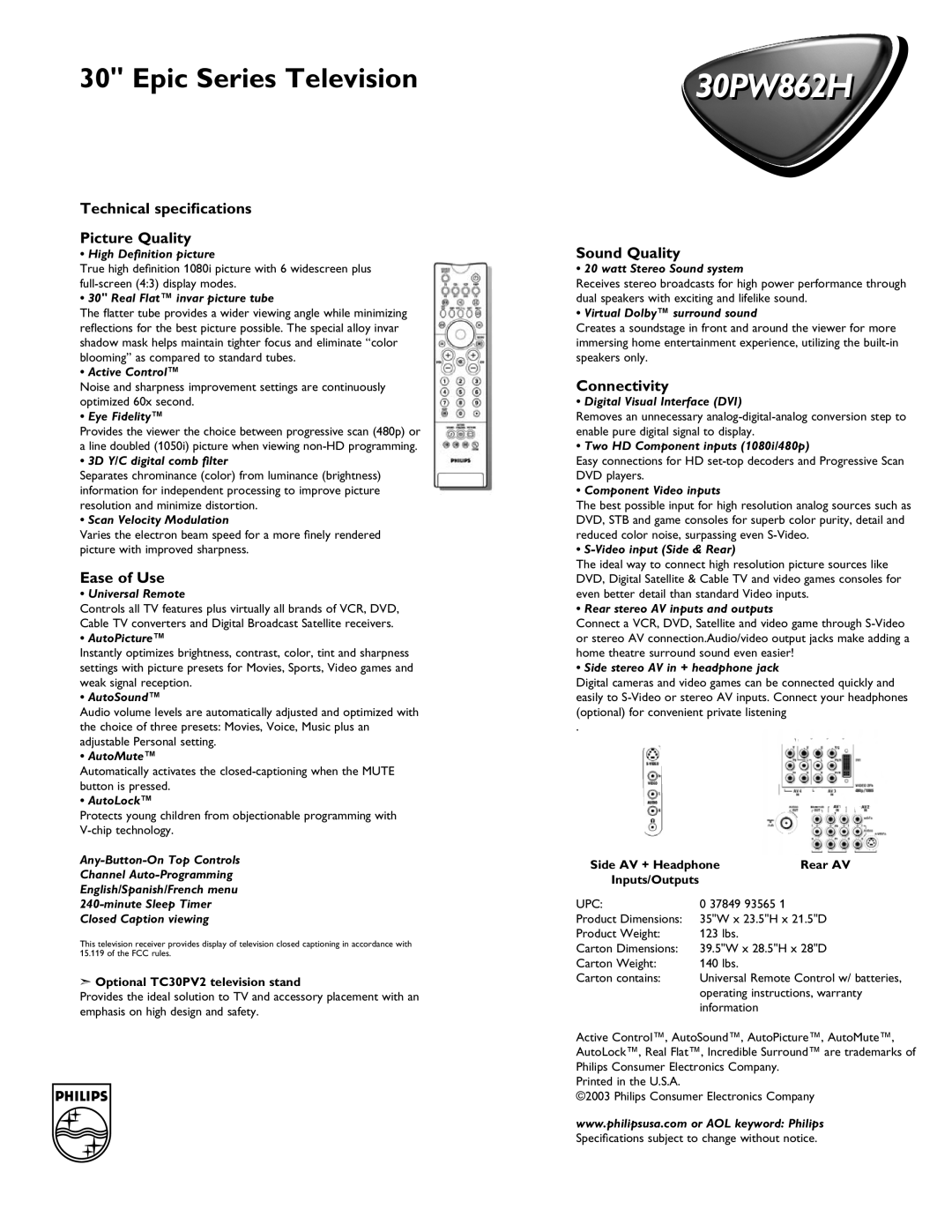 Philips 30PW862H manual Technical speciﬁcations Picture Quality, Ease of Use, Sound Quality, Connectivity 