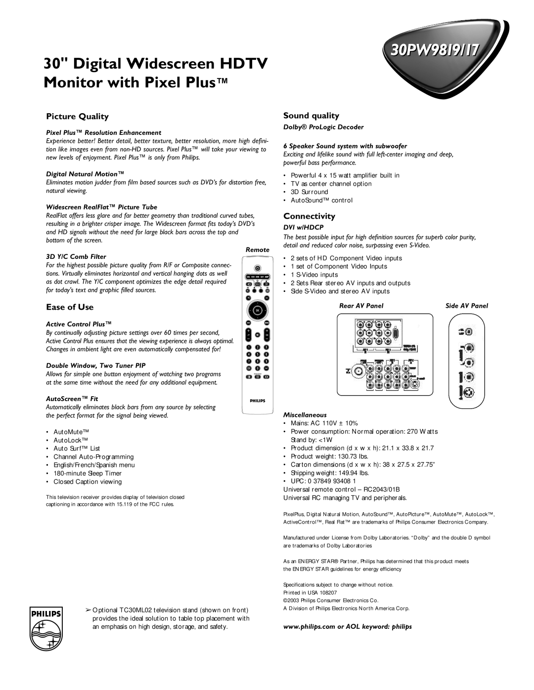 Philips 30PW9817, 30PW 9819 manual Picture Quality, Ease of Use, Sound quality, Connectivity 