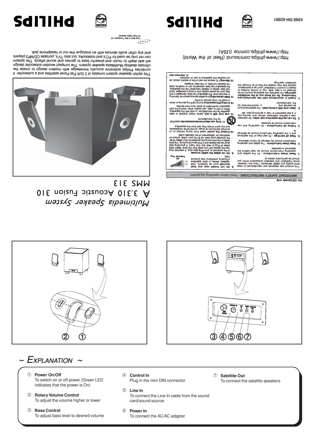 Philips MMS 313 important safety instructions 313 MMS, Fusion Acoustic, System erSpeak Multimedia, ~ Explanation, ➄Line In 