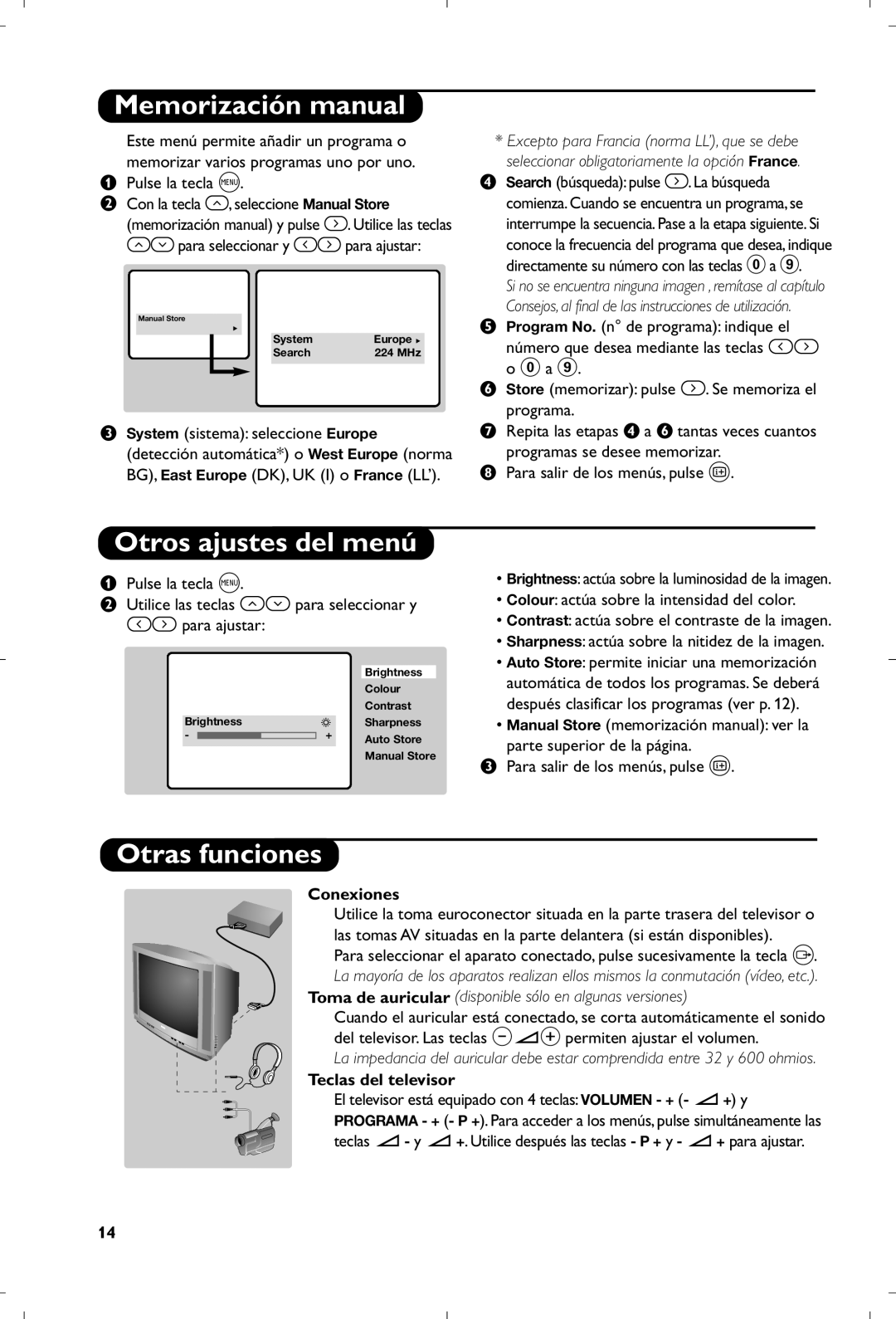 Philips 31112561524.2 Memorización manual, Otros ajustes del menú, Otras funciones, Conexiones, Teclas del televisor 