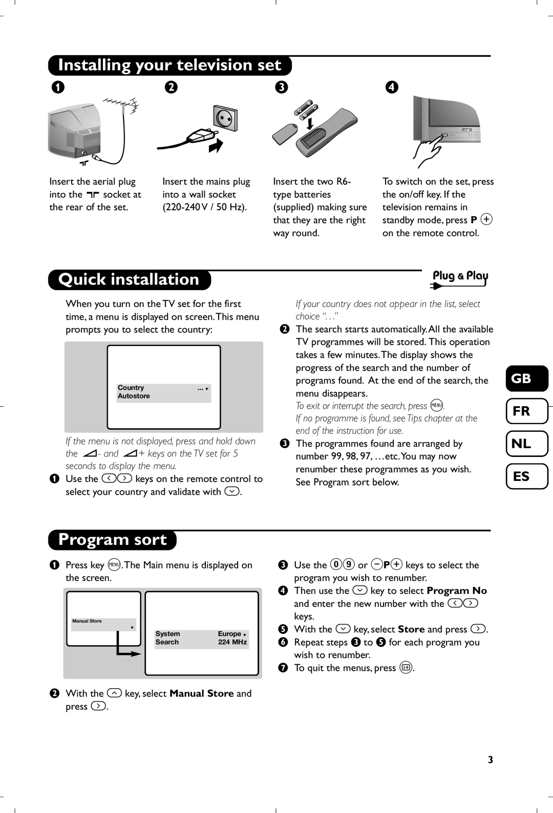 Philips 31112561524.2 manual Installing your television set, Quick installation, Program sort 