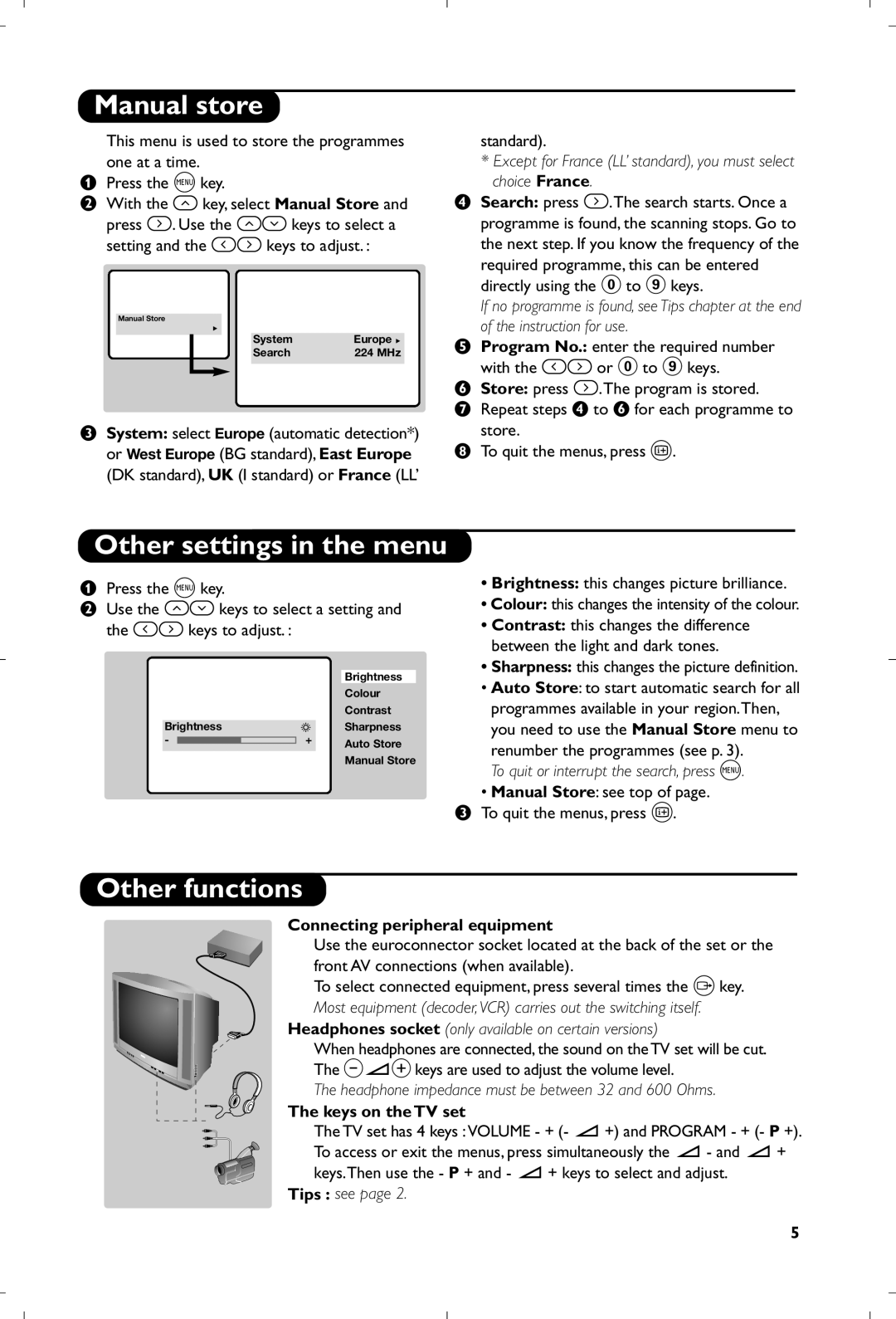 Philips 31112561524.2 manual Manual store, Other settings in the menu, Other functions, Connecting peripheral equipment 