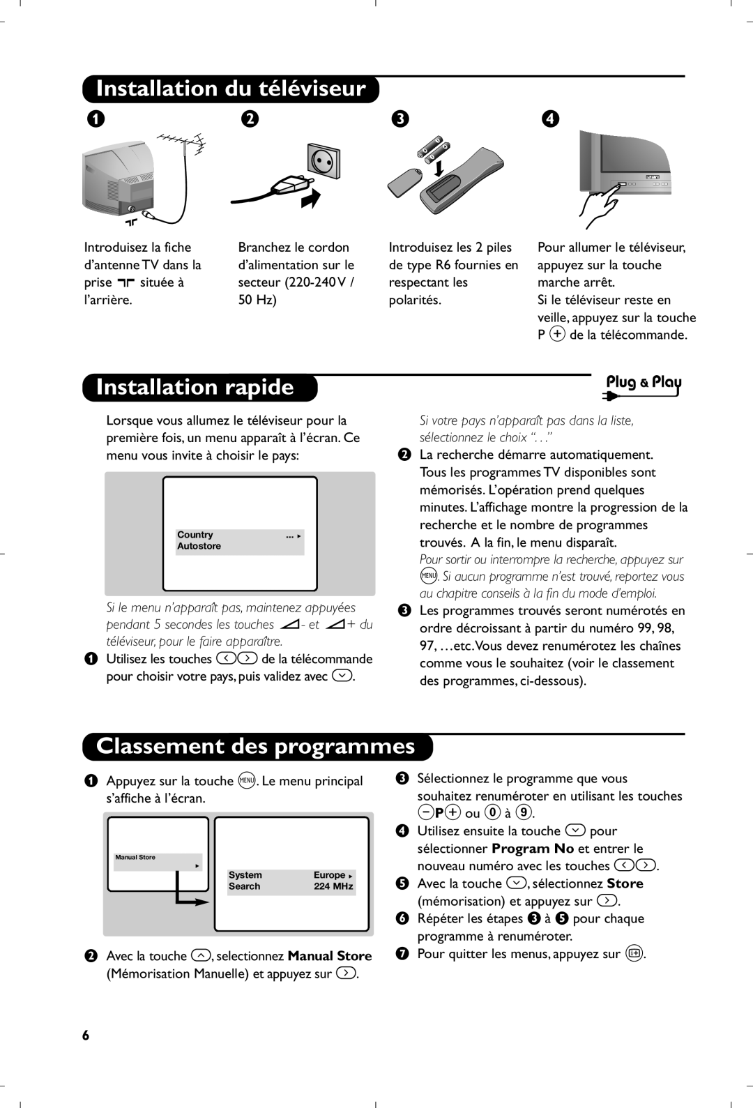 Philips 31112561524.2 manual Installation du téléviseur, Installation rapide, Classement des programmes 