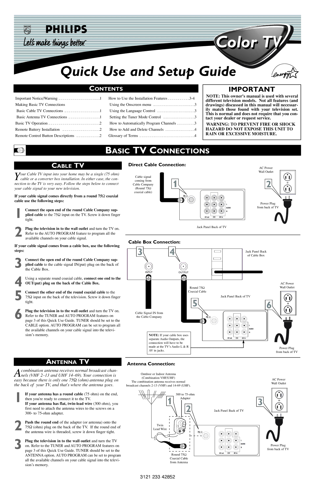 Philips 3121 233 42852 setup guide Basic TV Connections, Contents, Cable TV, Antenna TV 