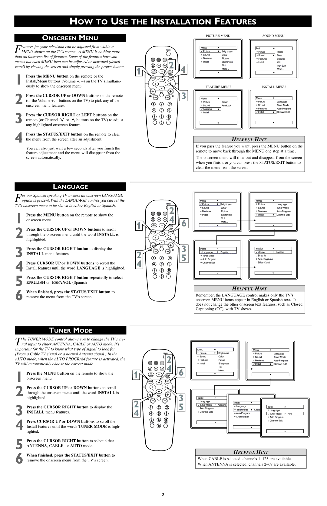 Philips 3121 233 42852 setup guide HOW to USE the Installation Features, Onscreen Menu, Language, Tuner Mode 