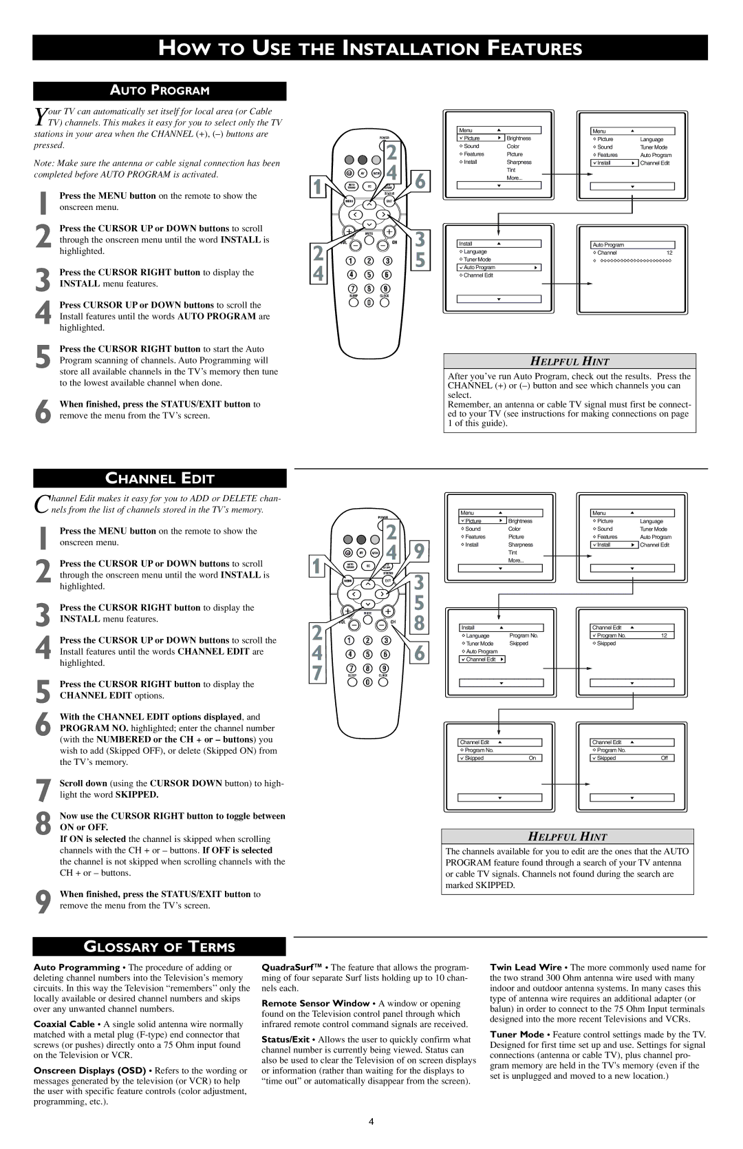 Philips 3121 233 42852 Channel Edit, Glossary of Terms, Now use the Cursor Right button to toggle between on or OFF 