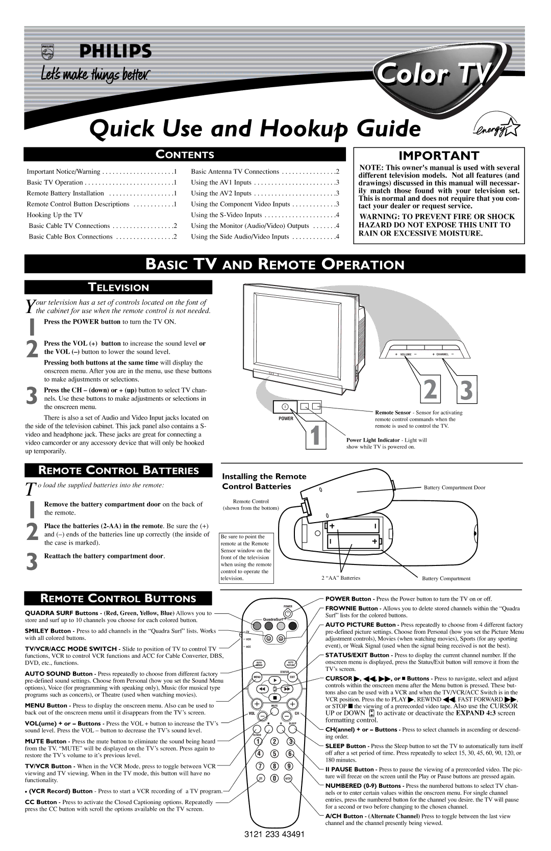 Philips 3121 233 43491 owner manual Basic TV and Remote Operation, Contents, Television, Remote Control Batteries 