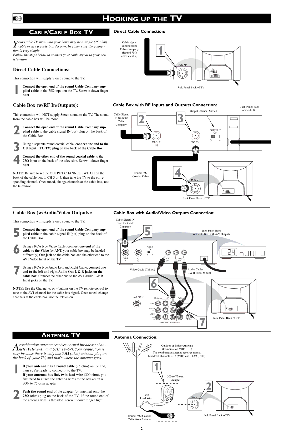 Philips 3121 233 43491 owner manual Hooking UP the TV, Cable/Cable Box Tv, Antenna TV 