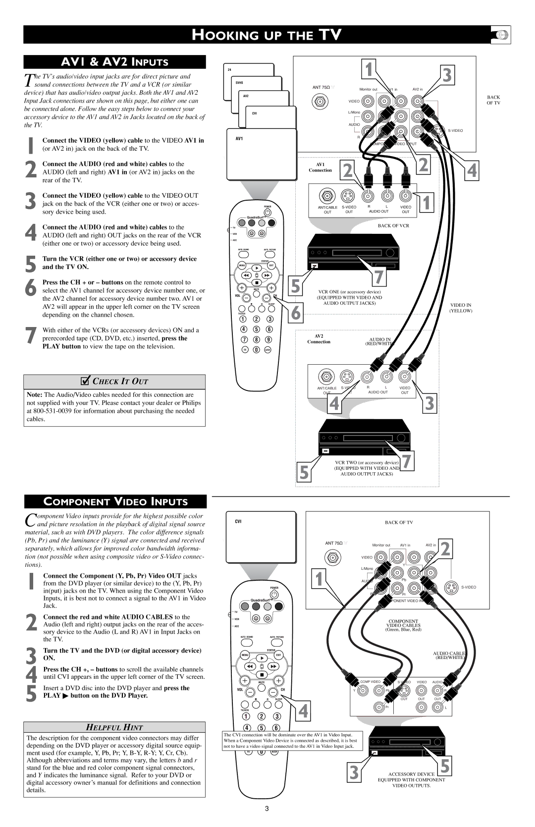 Philips 3121 233 43491 owner manual Hooking UP the TV AV1 & AV2 Inputs, Component Video Inputs 