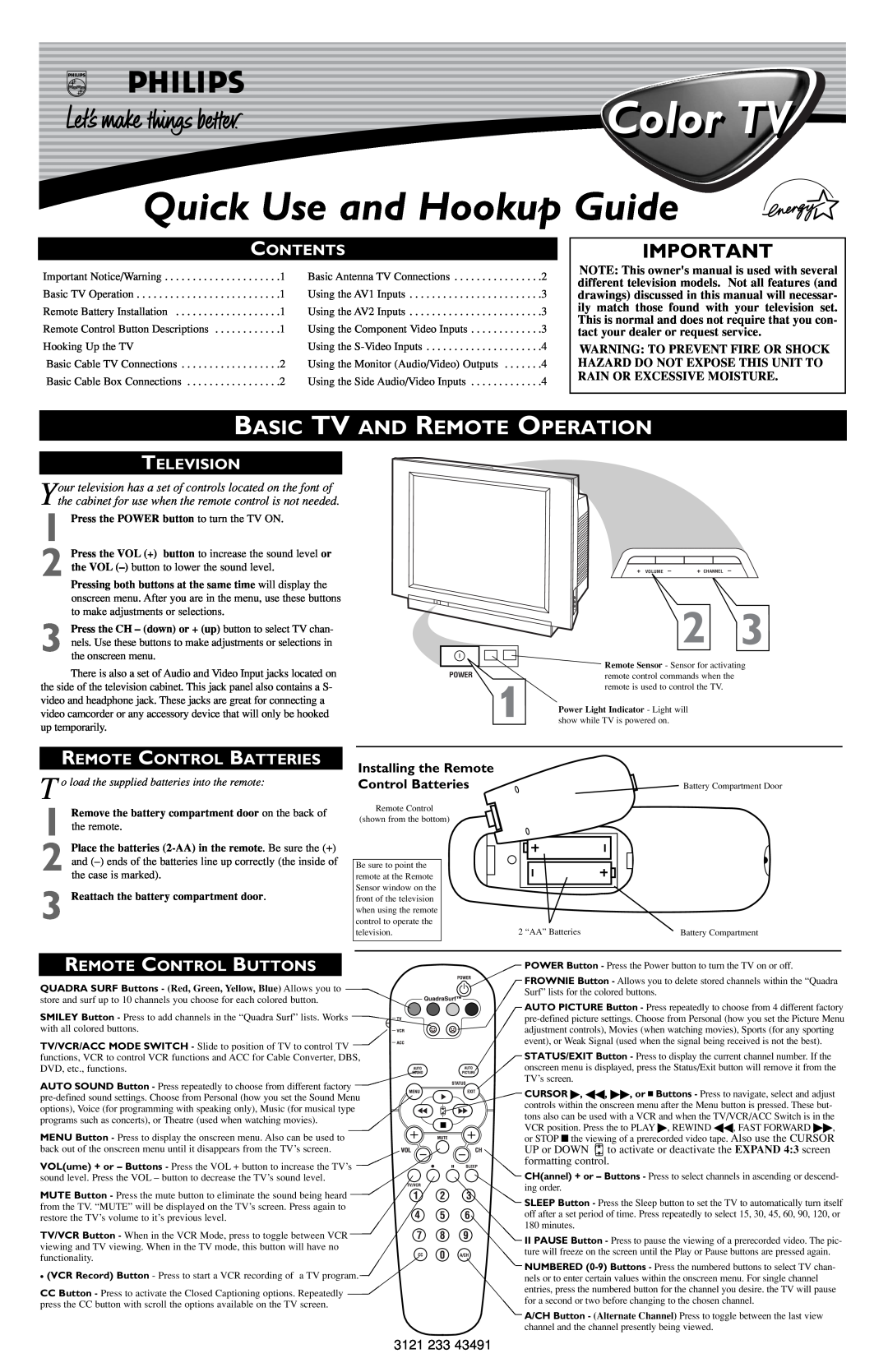 Philips 3121 233 43491 owner manual Basic Tv And Remote Operation, Contents, Television, Remote Control Batteries 