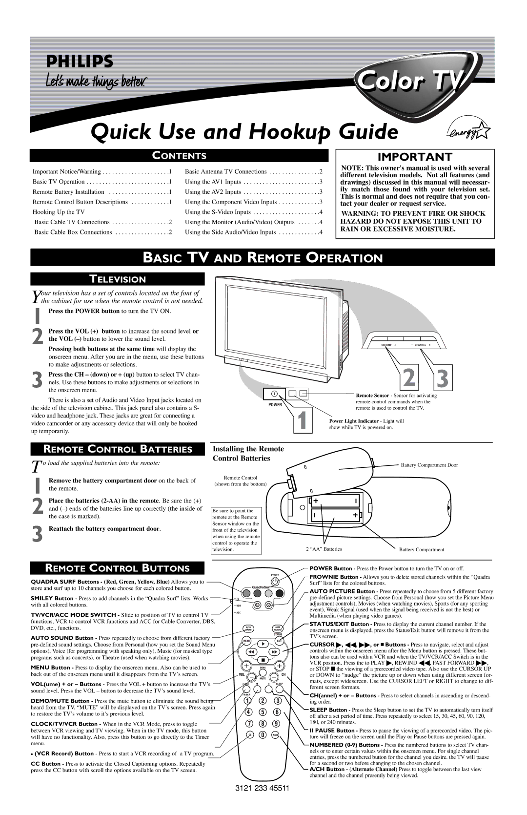 Philips 3121 233 45511 owner manual Basic TV and Remote Operation, Contents, Television, Remote Control Batteries 