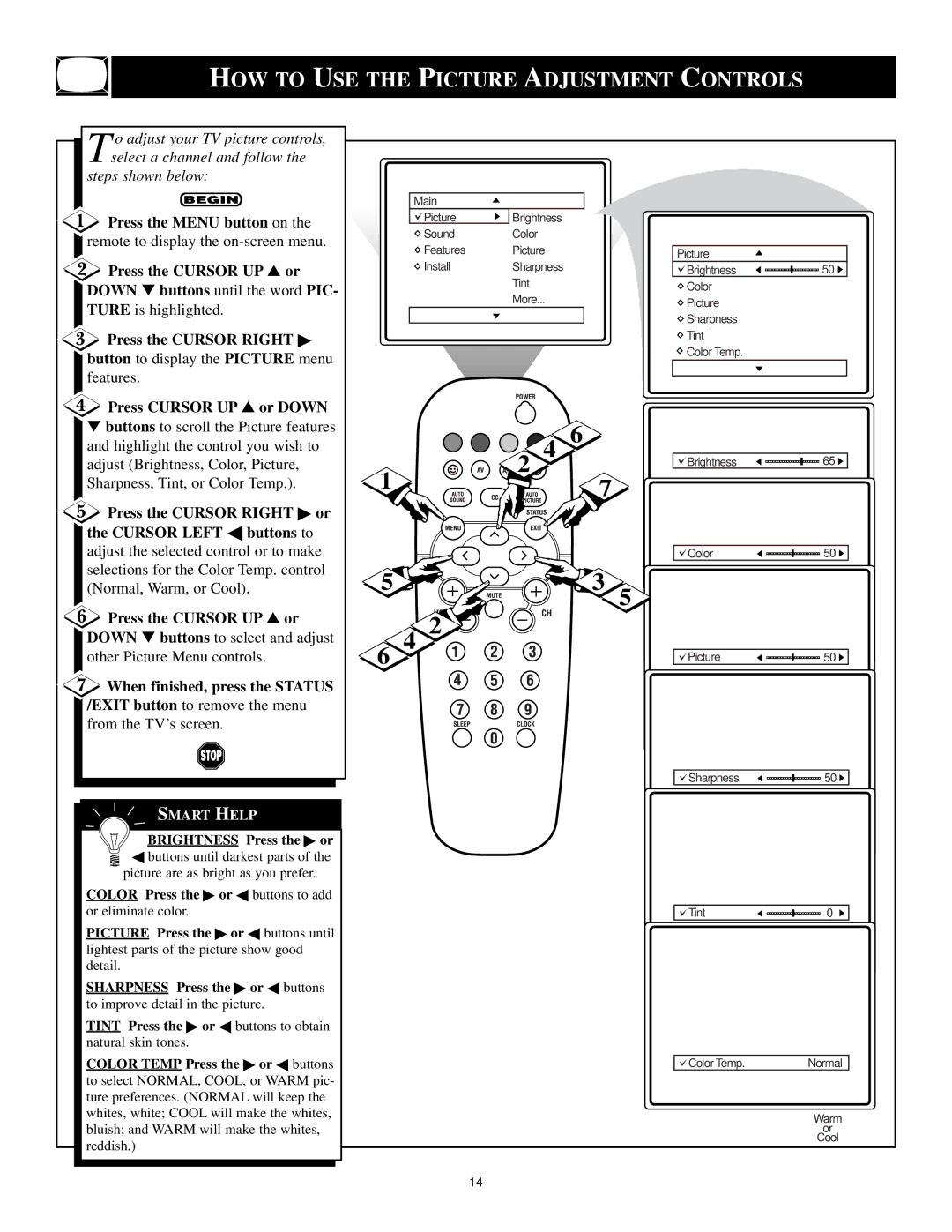 Philips 3121 235 20061 manual HOW to USE the Picture Adjustment Controls, Press the Menu button on, Press Cursor UP or Down 