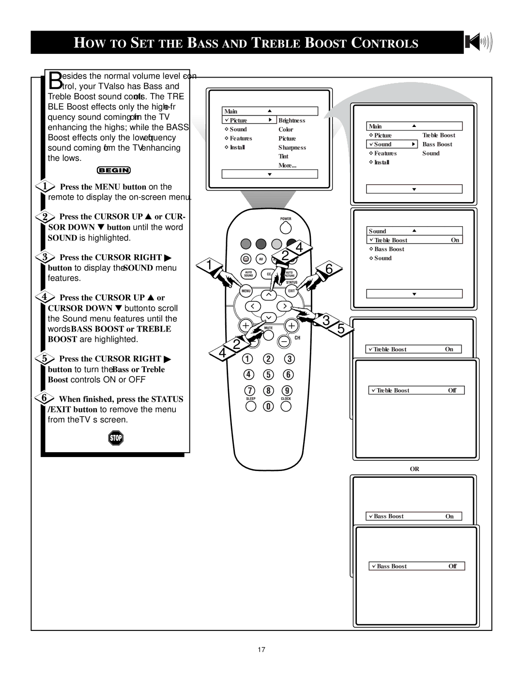 Philips 3121 235 20061 HOW to SET the Bass and Treble Boost Controls, Press the Cursor UP or Cursor Down button to scroll 