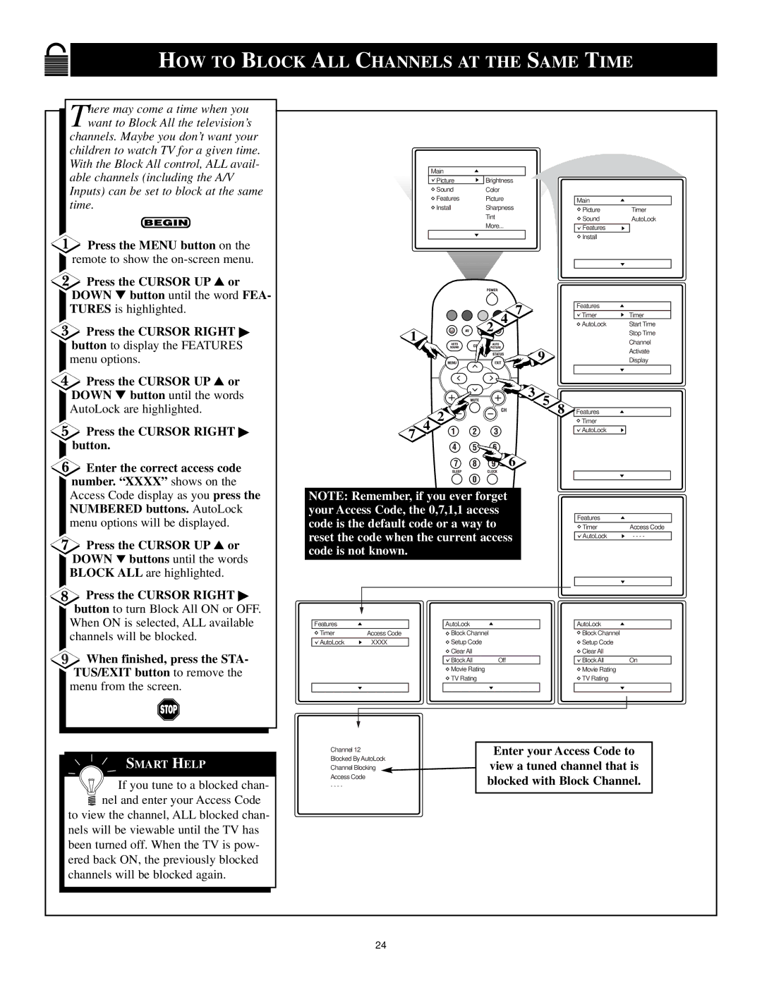 Philips 3121 235 20061 manual HOW to Block ALL Channels AT the Same Time 