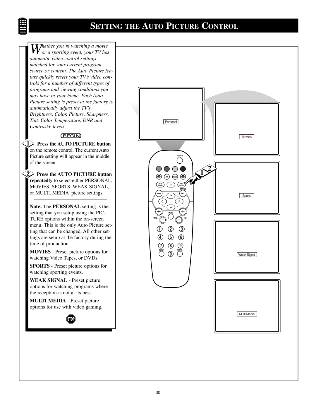 Philips 3121 235 20061 manual Setting the Auto Picture Control, MOVIES, SPORTS, Weak Signal 