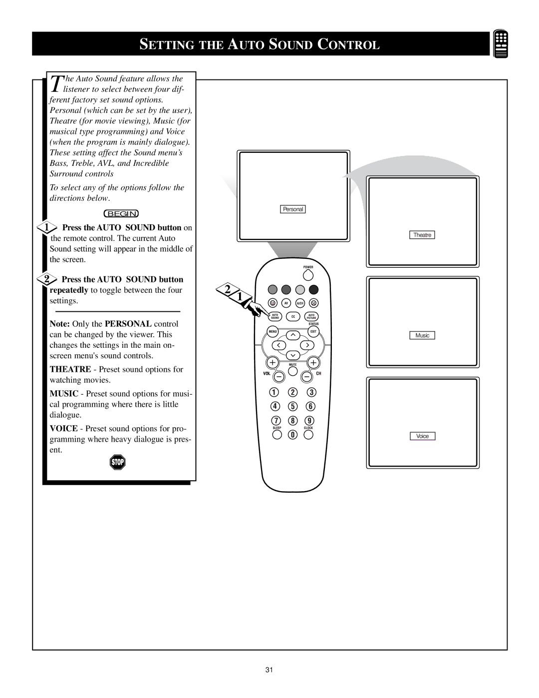 Philips 3121 235 20061 manual Setting the Auto Sound Control, Press the Auto Sound button on 