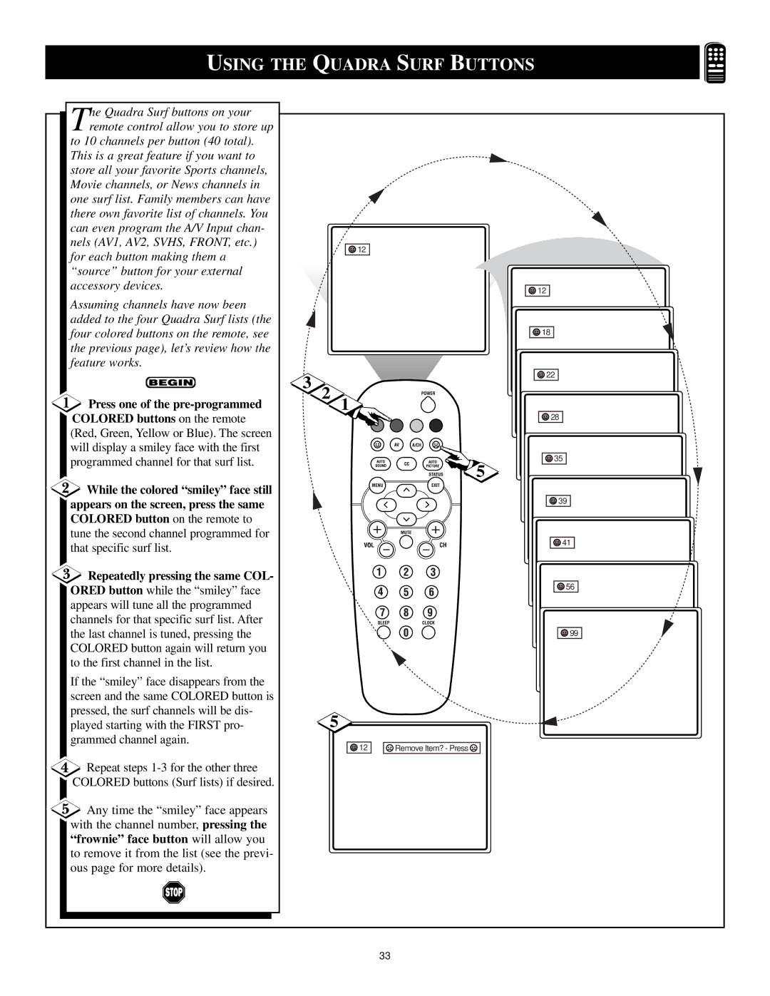 Philips 3121 235 20061 manual Using the Quadra Surf Buttons, Repeatedly pressing the same COL 