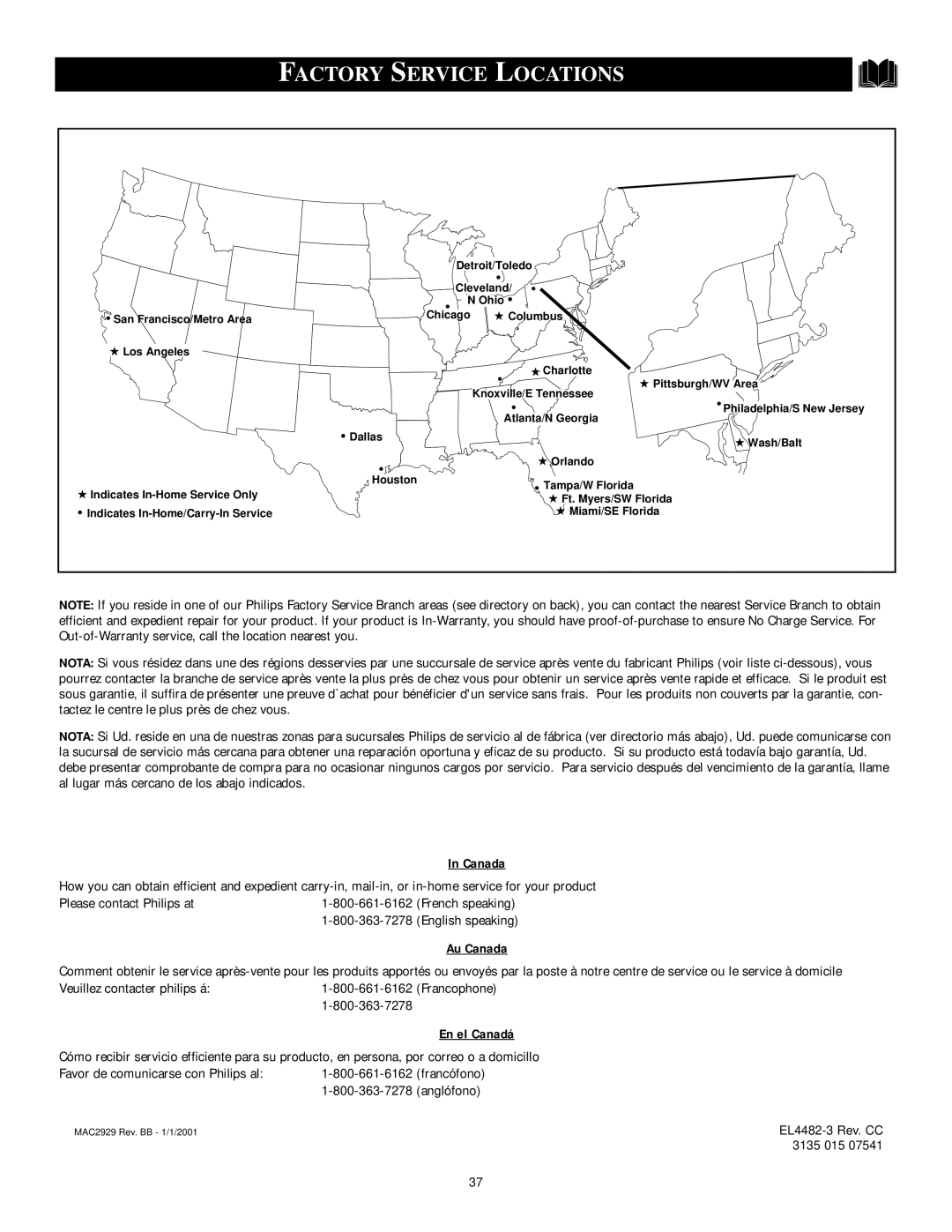 Philips 3121 235 20061 manual Factory Service Locations, Canada 