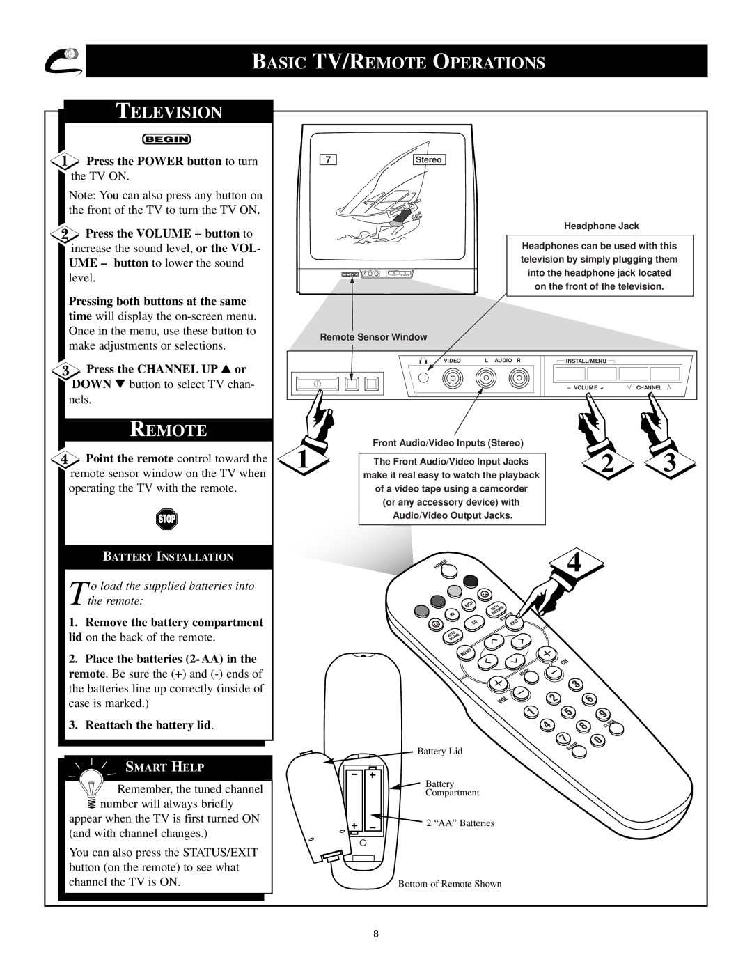 Philips 3121 235 20061 manual Basic TV/REMOTE Operations Television, Remote 