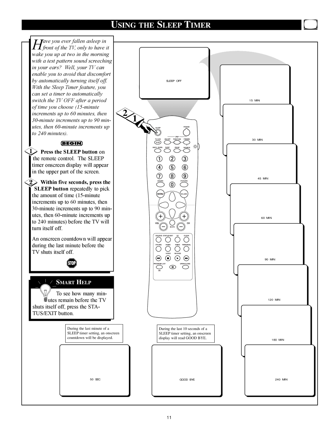 Philips 3121 235 20301 manual Using the Sleep Timer, Sleep OFF 