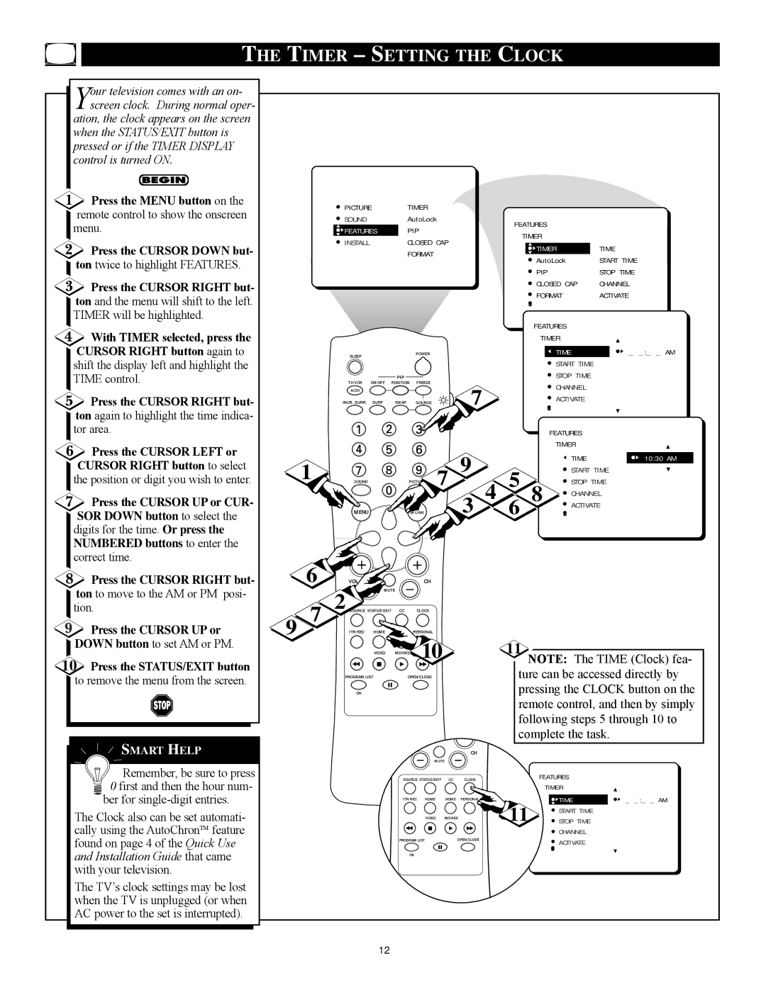 Philips 3121 235 20301 manual Timer Setting the Clock, Press the Cursor UP or CUR- SOR Down button to select 