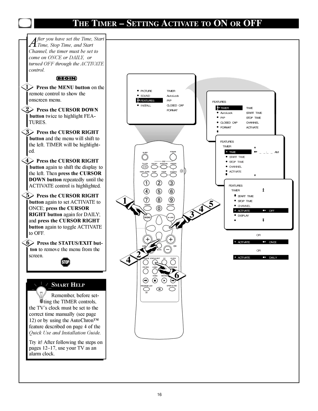 Philips 3121 235 20301 manual Timer Setting Activate to on or OFF, Once press the Cursor 