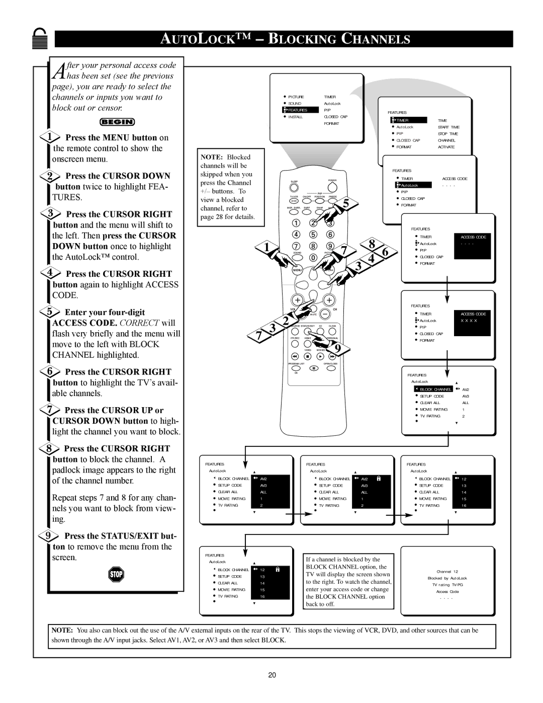 Philips 3121 235 20301 manual Autolock Blocking Channels, Left. Then press the Cursor 