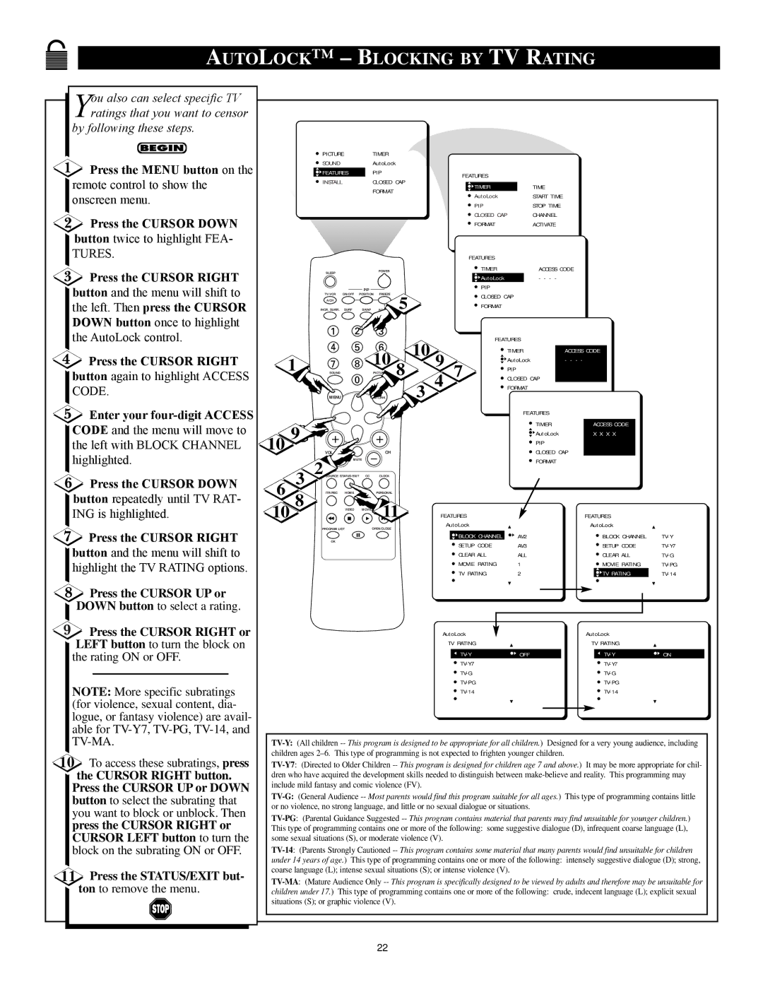 Philips 3121 235 20301 manual Autolock Blocking by TV Rating, Press the Menu button on 