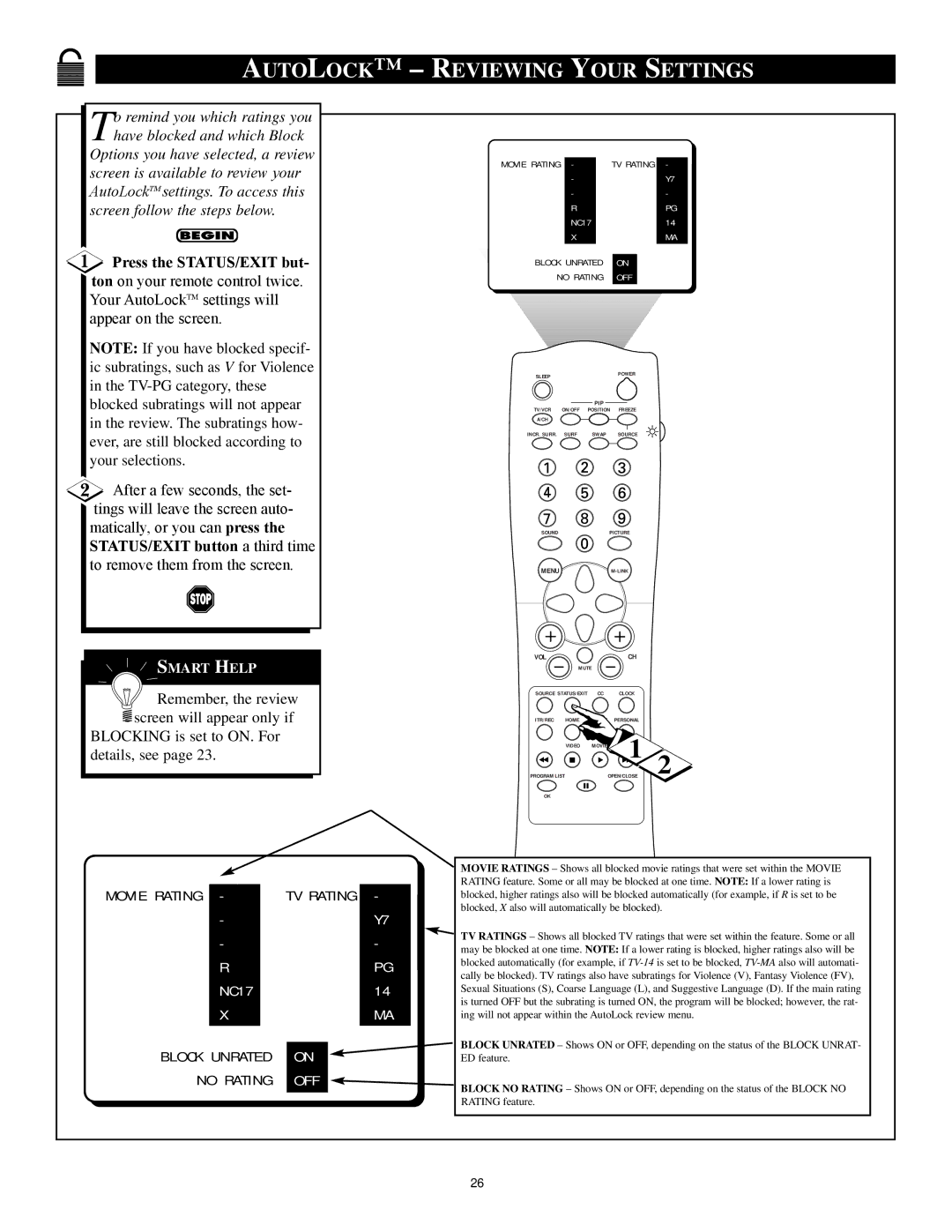 Philips 3121 235 20301 manual Autolock Reviewing Your Settings, Block Unrated No Rating 