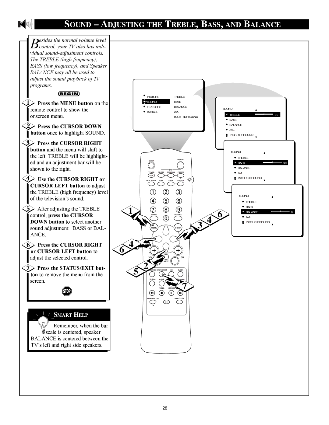 Philips 3121 235 20301 Sound Adjusting the Treble , Bass , and Balance, Use the Cursor Right or, Control, press the Cursor 