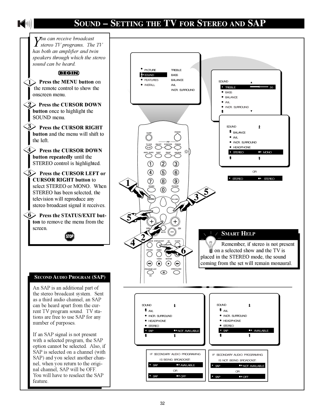 Philips 3121 235 20301 manual Sound Setting the TV for Stereo and SAP, Treble 