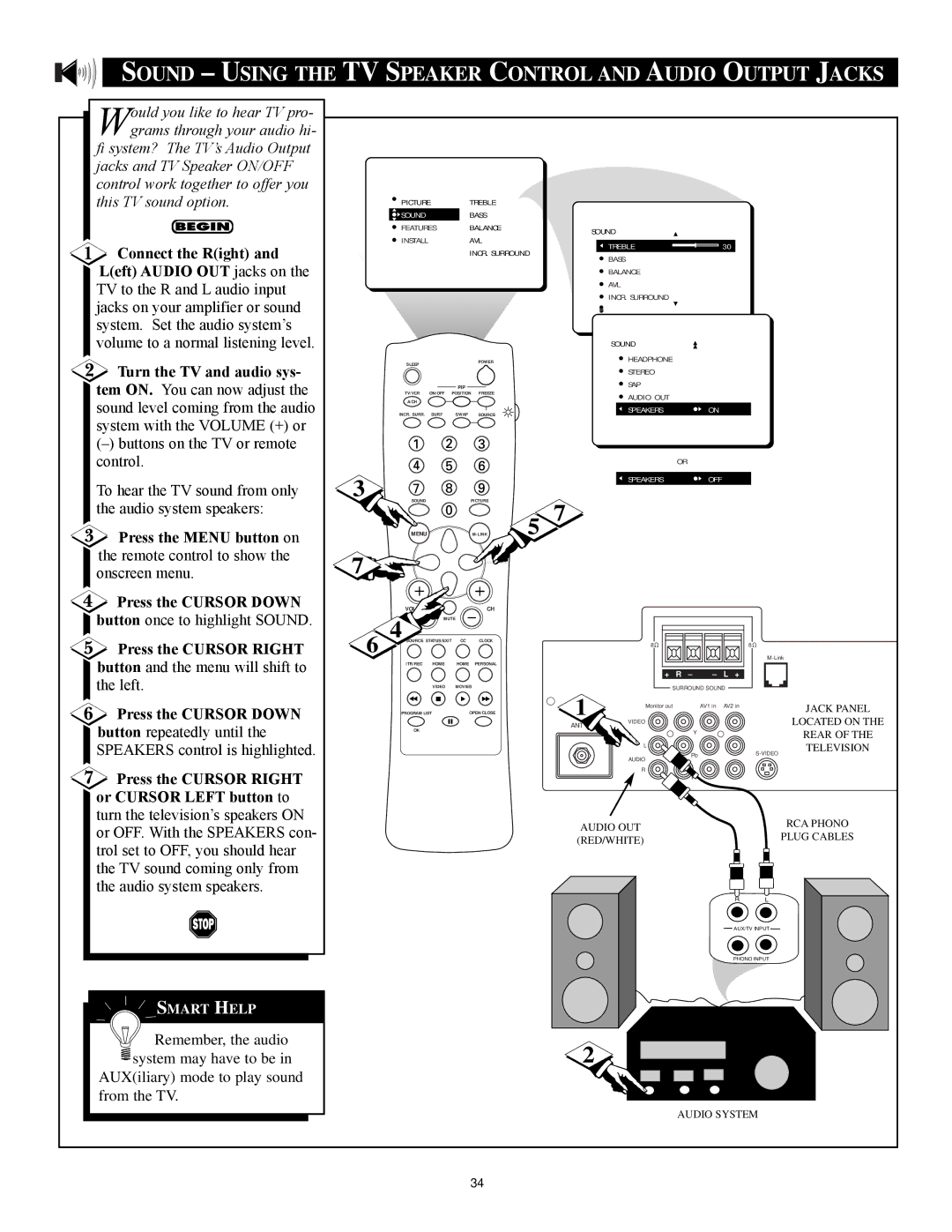 Philips 3121 235 20301 manual Sound Using the TV Speaker Control and Audio Output Jacks, Treble 