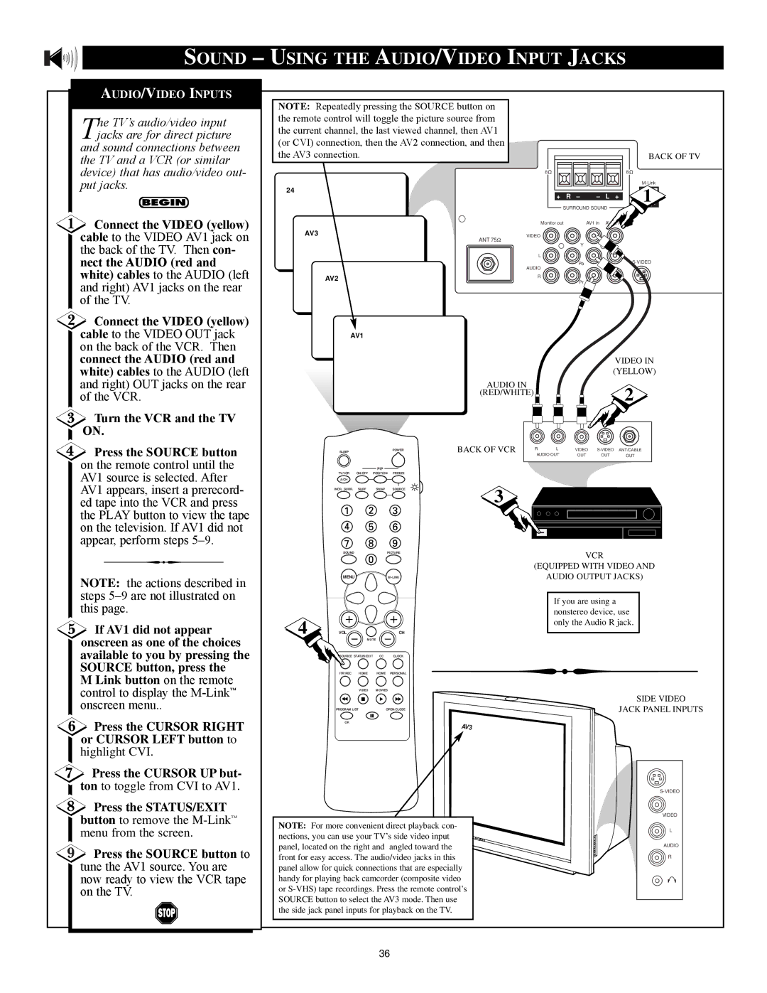 Philips 3121 235 20301 manual Sound Using the AUDIO/VIDEO Input Jacks, Press the Source button 