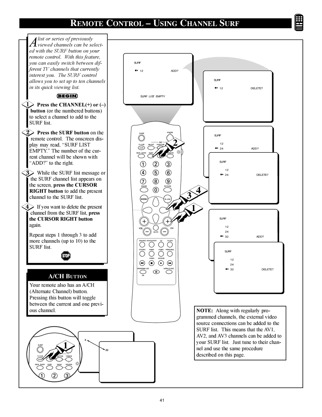 Philips 3121 235 20301 manual Remote Control Using Channel Surf, Press the CHANNEL+ or Ð, Press the Surf button on 