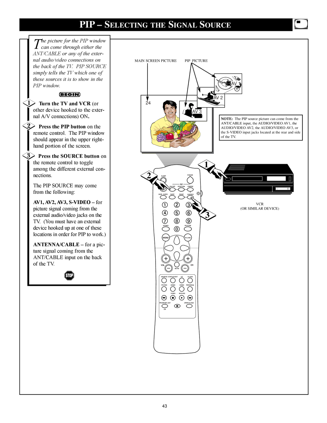 Philips 3121 235 20301 manual PIP Selecting the Signal Source, AV1, AV2, AV3, S-VIDEO Ð for 