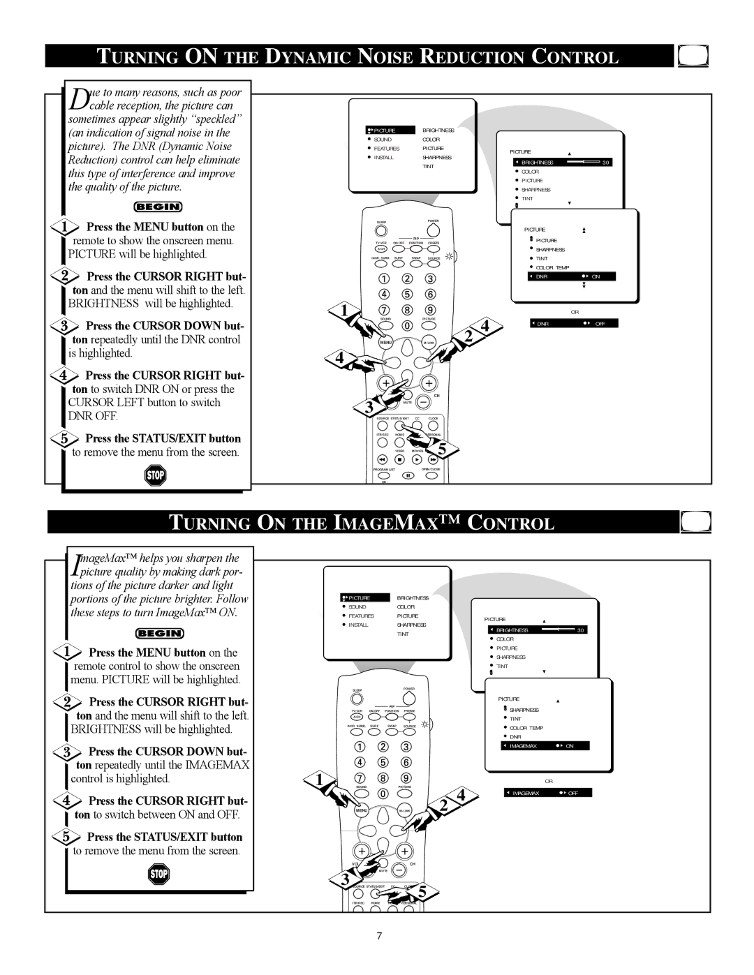 Philips 3121 235 20301 manual Turning on the Dynamic Noise Reduction Control, Turning on the Imagemax Control 