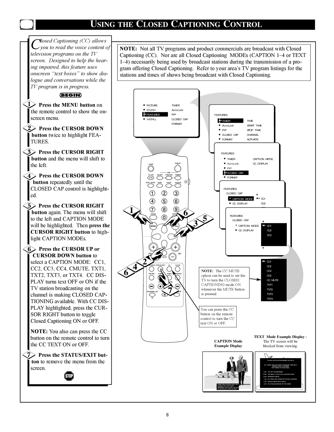 Philips 3121 235 20301 manual Using the Closed Captioning Control, Press the Cursor Right button and the menu will shift to 