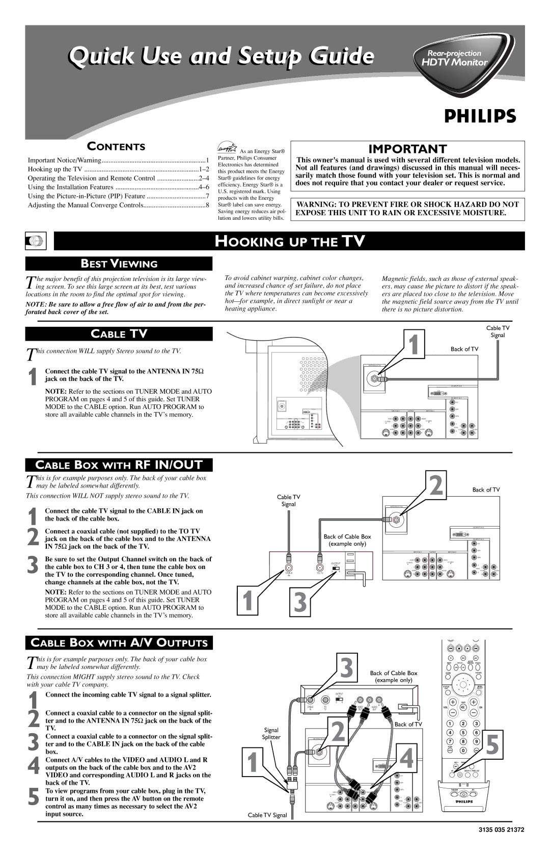 Philips 3135 035 21372 setup guide Hooking UP the TV, Best Viewing, Cable TV, Cable BOX with RF IN/OUT 