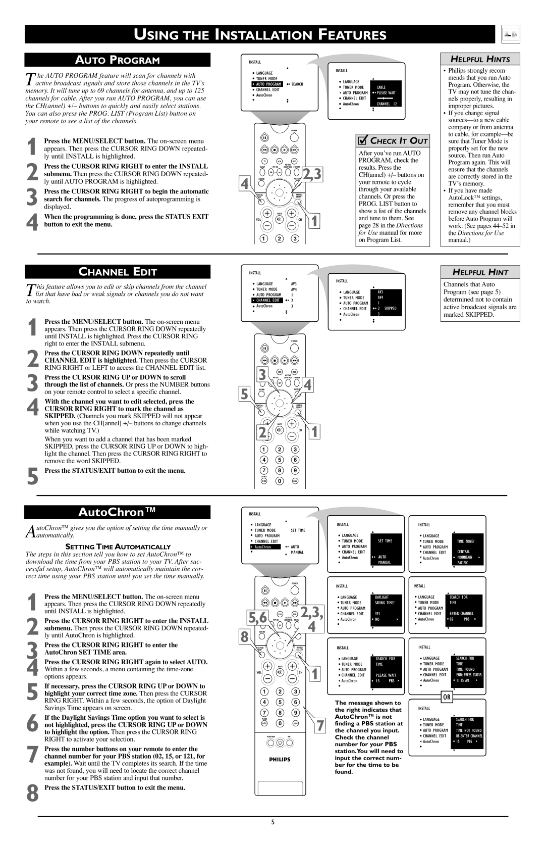 Philips 3135 035 21372 setup guide Auto Program, Channel Edit, Press the Cursor Ring Right to begin the automatic 