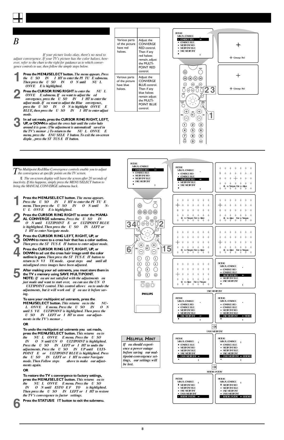 Philips 3135 035 21372 setup guide Adjusting the Manual Converge Controls, Converge RED/BLUE, Multipoint RED/BLUE, Screen 