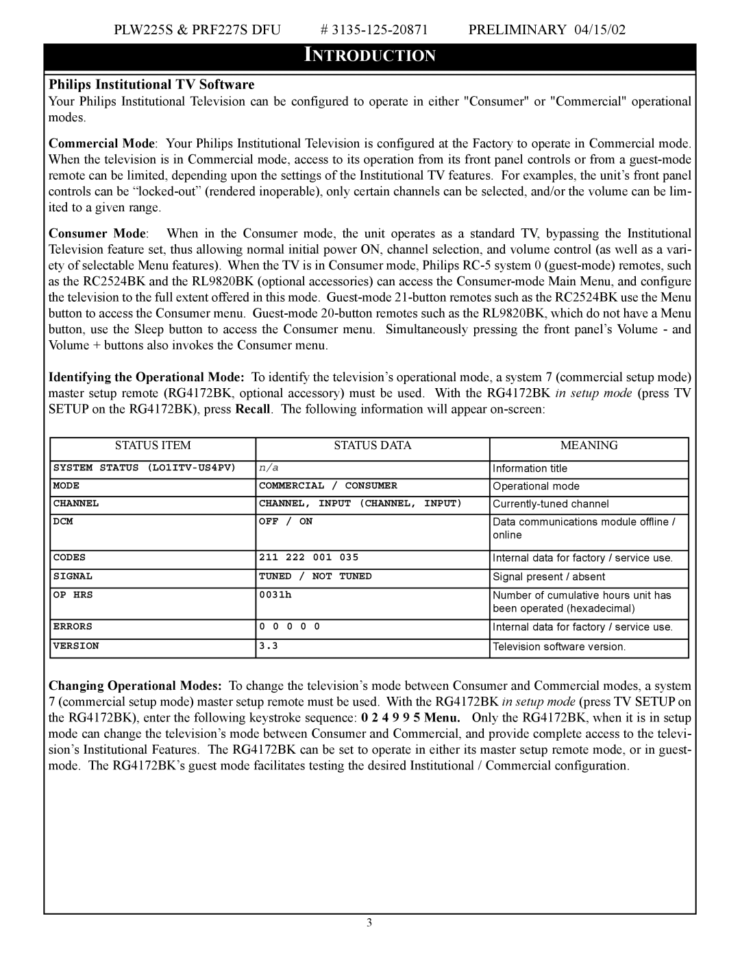 Philips PRF227S DFU, 3135-125-20871 manual Introduction 